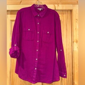 Royal Robbins Shirt Womens Roll Sleeve Linen Look Tailored back Tunic Sz Large